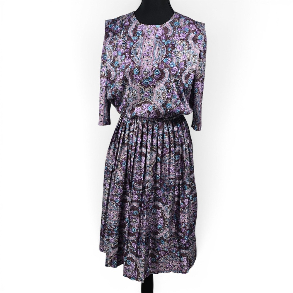 Vintage MCS Ltd New York Purple Paisley Floral Midi Dress 6P Made in USA 80s